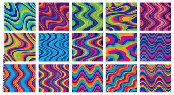 Obraz 鮮やかな色彩が波打つサイケデリックな抽象パターン素材集、レトロでヒッピーな雰囲気を醸し出すカラフルな背景デザインのコレクションで、多様なウェーブと渦巻き模様が特徴的です。