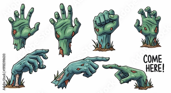 Obraz ハロウィンのテーマにぴったりの、地面から不気味に現れる様々なポーズのゾンビの手のイラストセット。恐怖とユーモアを表現するデザイン素材です。