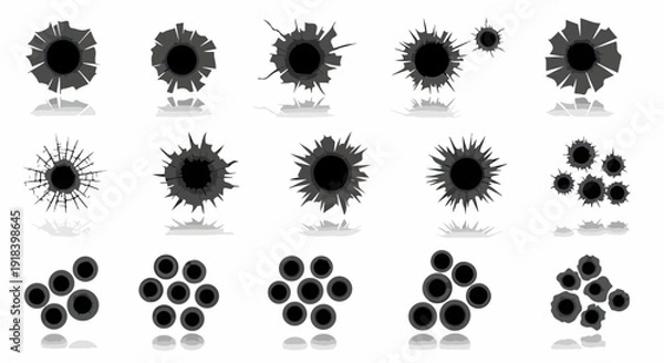 Obraz 白い背景に銃弾の衝撃でガラスがひび割れた弾痕のベクターイラストセット。様々な形状の穴と破片がリアルに表現されています。