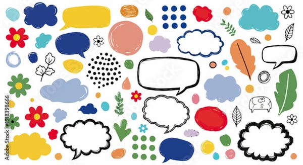 Obraz カラフルな手描きの吹き出し、雲、花、葉、ドット、抽象的な形が散りばめられた、子供のようなクリエイティブなデザイン要素のセット。メッセージや装飾に最適。