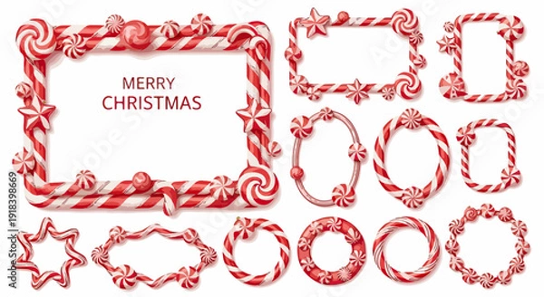 Obraz メリークリスマスをテーマにした、赤と白のストライプ模様が特徴のキャンディケインとペパーミントキャンディで装飾された、様々な形状のフレームとボーダーのセット。