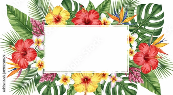 Obraz 鮮やかなハイビスカス、プルメリア、モンステラなどの熱帯の花と葉が白いフレームを飾る、夏のバナーやメッセージボードにぴったりの水彩風イラスト背景。
