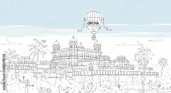 Obraz インドの歴史的な宮殿と空に浮かぶ熱気球が描かれた、詳細で美しいラインアートイラスト。旅行や冒険、文化遺産を感じさせる異国情緒豊かな風景が特徴です。