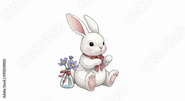 Obraz 白いウサギが赤いリボンをつけ、小さな花瓶に入った紫の花の隣に座っている、可愛らしく優しい雰囲気のイラストレーション。