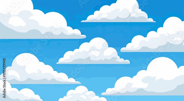 Obraz 澄み切った青空に、ふわふわとした白い雲が浮かぶベクターイラストレーション。明るく開放的な雰囲気で、自然や希望、夢を象徴する背景素材です。
