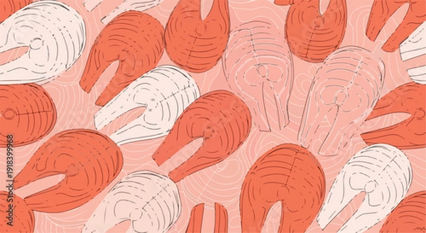 Obraz 新鮮なサーモンの切り身がピンク色の背景に描かれた、健康的で食欲をそそるイラストレーションパターン。