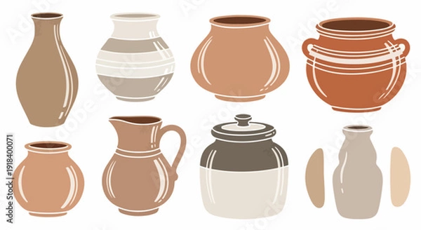 Obraz 白い背景に、素朴な色合いと多様な形状を持つ手作りの陶器やセラミック製の壺、花瓶、ピッチャーのイラストセット。