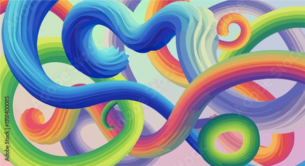 Obraz 鮮やかなグラデーションカラーの3D抽象的な流れるような渦巻きが複雑に絡み合い、ダイナミックで現代的な視覚的背景を形成する、活気に満ちたデジタルアート。