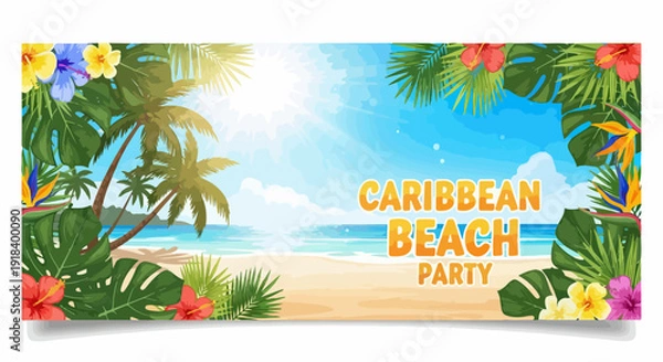 Obraz カリブ海のビーチパーティーの招待状やバナーに最適な、ヤシの木と色鮮やかな熱帯の花が咲く美しい夏のビーチイラスト。
