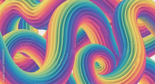 Obraz 鮮やかな虹色の波状曲線が流れるように絡み合い、現代的で活気に満ちた抽象デザインの背景を形成する3Dレンダリング。創造性や多様性を表現するデジタルアート作品。