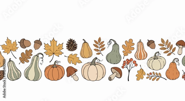 Obraz 温かい秋の雰囲気を感じさせる、パンプキン、カボチャ、紅葉、どんぐり、キノコ、ベリーなどの手描きイラストが並ぶ、収穫祭や感謝祭にぴったりのシームレスなボーダーパターン。