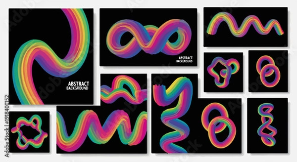 Obraz 黒い背景に鮮やかな虹色の流れるようなチューブや波状の曲線が描かれた、ダイナミックで未来的な抽象デザインベクター背景コレクションセット。