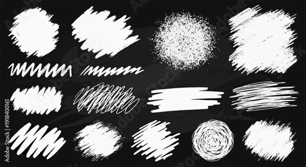 Obraz 黒板のような背景に、手書きのチョークで描かれた様々な白い落書きやテクスチャの抽象的なデザイン素材コレクション。これは、グラフィックデザインや背景、オーバーレイに最適です。