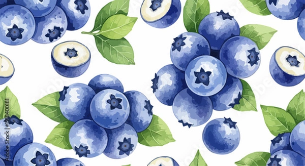 Obraz 白い背景に水彩画で描かれたような瑞々しいブルーベリーと鮮やかな緑の葉が散りばめられた、健康的で美しいフルーツのシームレスパターン。