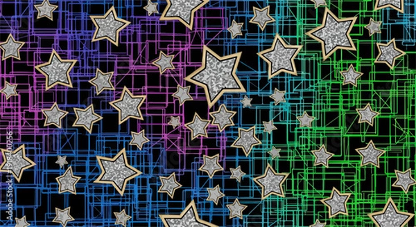 Obraz キラキラと輝く金色の縁取りの星々が、青、紫、緑の虹色の抽象的な線が交差する背景に散りばめられた、祝祭的で魔法のようなイメージ。
