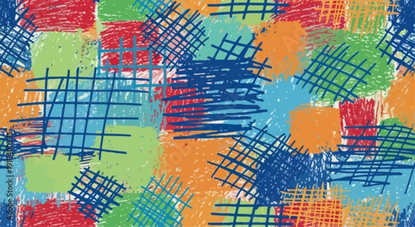 Obraz 鮮やかなクレヨンで手描きされた、カラフルな幾何学模様のシームレスな背景テクスチャは、子供の遊び心と創造性を表現し、多様なデザインプロジェクトに活用できます。