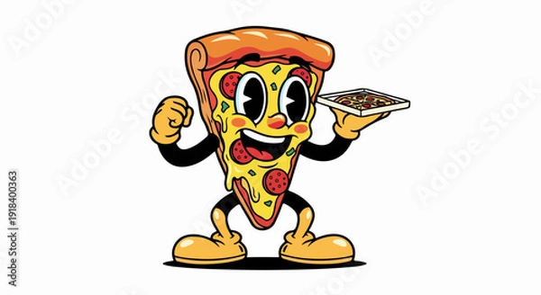 Obraz レトロな漫画スタイルで描かれた、笑顔でトレイを持つ擬人化ピザスライスキャラクターが、元気いっぱいのポーズで美味しさと楽しさを表現するベクターイラスト。