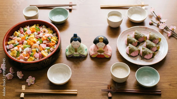 Obraz ひな祭りの食事　ちらし寿司・桜餅・甘酒