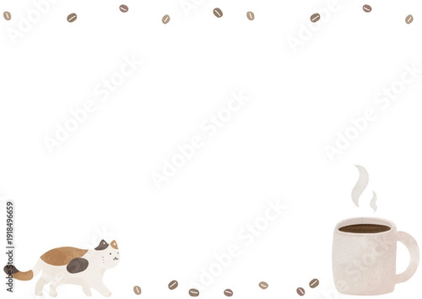 Obraz 水彩風のかわいい猫フレーム素材｜猫・動物・ペット・白背景・余白