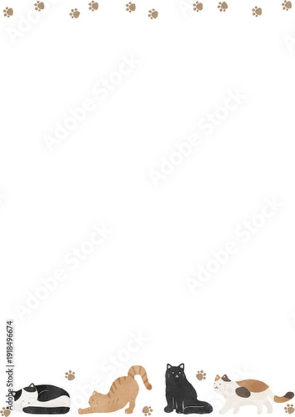 Obraz 水彩風のかわいい猫フレーム素材｜猫・動物・ペット・白背景・余白