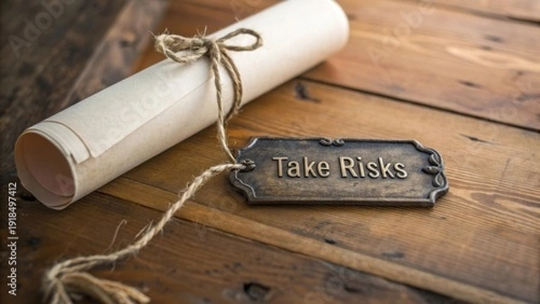 Obraz Take Risks Motivational Scroll Message on Wooden Table