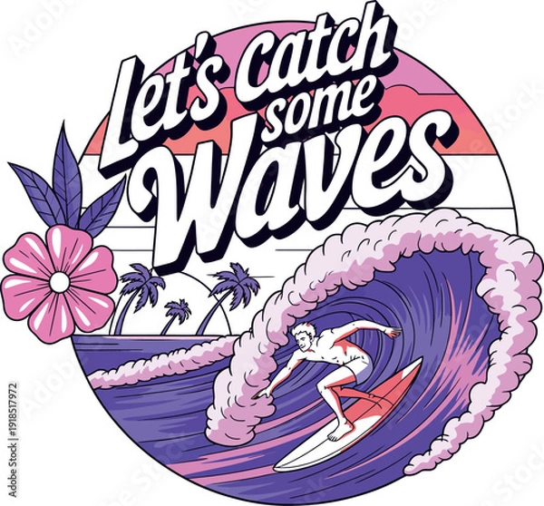 Obraz Let's catch some waves surfer on ocean beach with sunset background