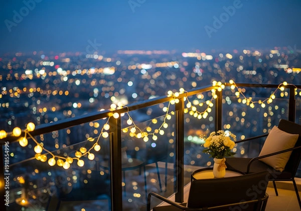Obraz Rooftop city view with string lights and cozy seating