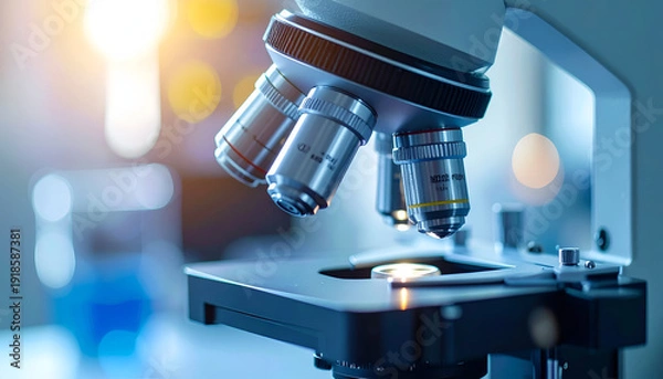 Obraz Microscope in laboratory setting with blurred background.
