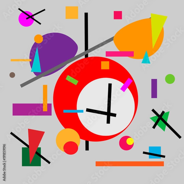 Fototapeta Geometryczna ilustracja suprematyzmu kubizmu retro budzik. Kwadrat, okrąg z linii. Stylizacja dzieł Malewicza w stylu kubizmu futuryzmu Suprematyzm.