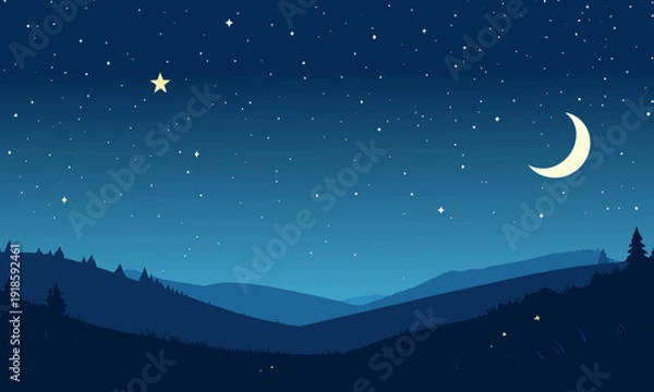 Fototapeta 夜空と山のシルエット背景。星空、夕暮れ、幻想的な風景のベクターイラスト。
