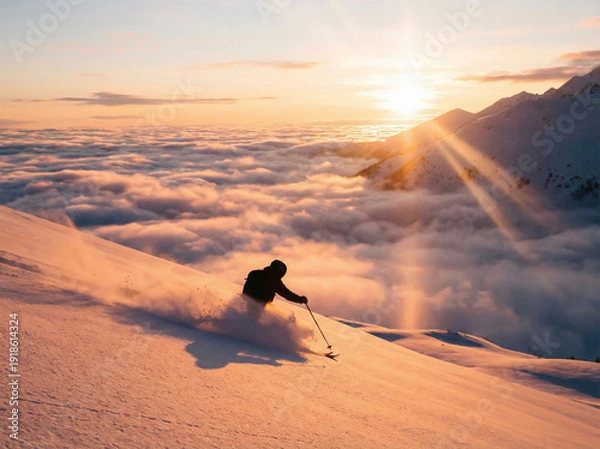 Obraz 雲海と朝日（夕日）。黄金色の光の中、パウダースノーを滑走するスキーヤーのシルエット。大自然と冬のスポーツ。