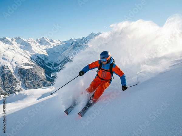 Obraz 快晴の雪山を滑走するスキーヤー。青空の下、パウダースノーを巻き上げるダイナミックなターン（オレンジ色のウェア）