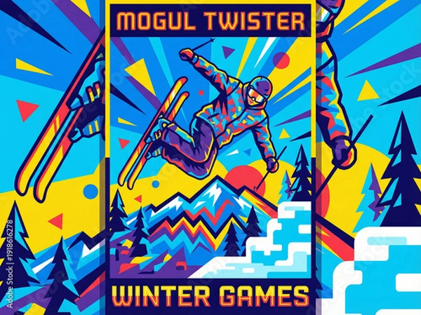 Obraz モーグルスキーヤーのエアリアル。レトロでカラフルなポップアート風ポスターイラスト（幾何学模様と雪山）