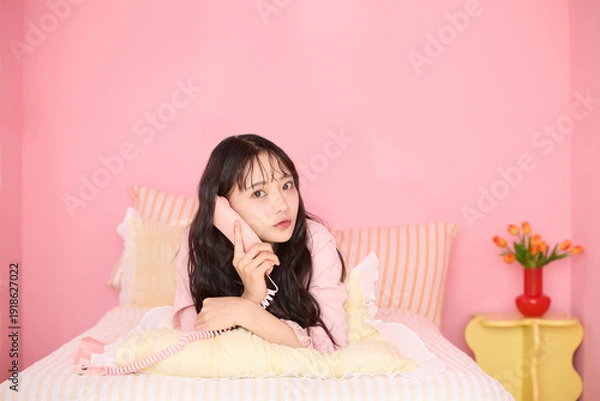 Obraz ピンク背景の部屋でリラックスするアジアの若い女性のポートレート