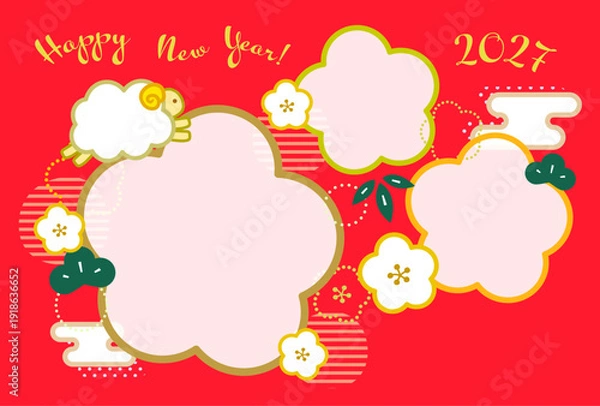 Fototapeta 2027年未年年賀状の、梅の花と松竹の和風写真フレーム。赤い背景の文章なし横型3枚用