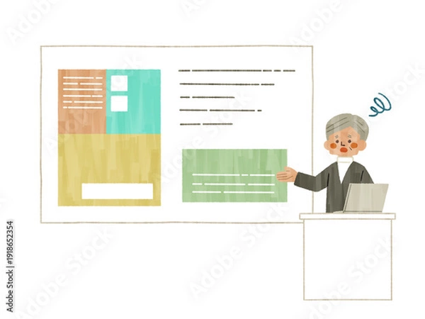 Obraz 困った表情でスクリーンやホワイトボードを使って説明をする男性-ガッシュ