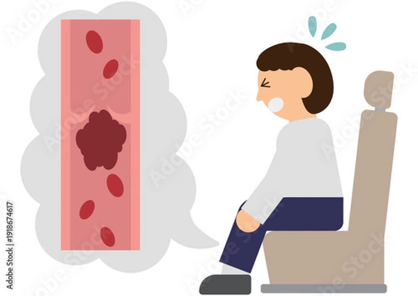 Obraz 長時間同じ姿勢で足が痛む男性と静脈の弁に詰まった血栓のエコノミー症候群のイラスト素材