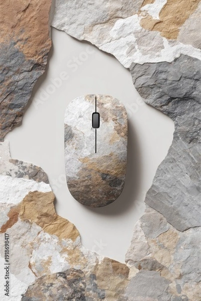 Obraz A computer mouse with a stone-like pattern, surrounded by rough rock pieces