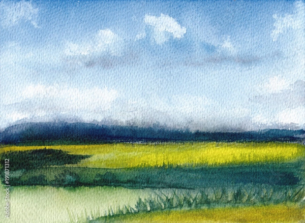 Fototapeta Watercolor painting of summer landscape with mountains, blue sky, clouds, green glade. Abstract hand painted background. Textured paper. Hand drawn nature. Countryside illustration.
