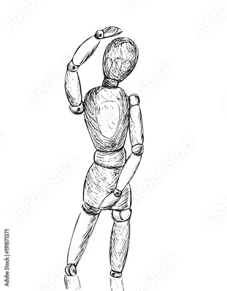 Fototapeta Hand drawn sketch of wooden doll gestalta isolated on white background. Black line vector illustration on Mannequin. Vintage engraving.