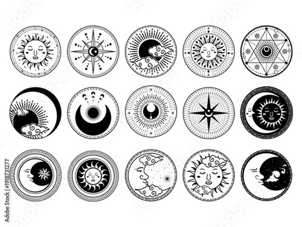 Obraz 太陽と月と星の神秘的なアイコンセット　タロット・占星術・スピリチュアル