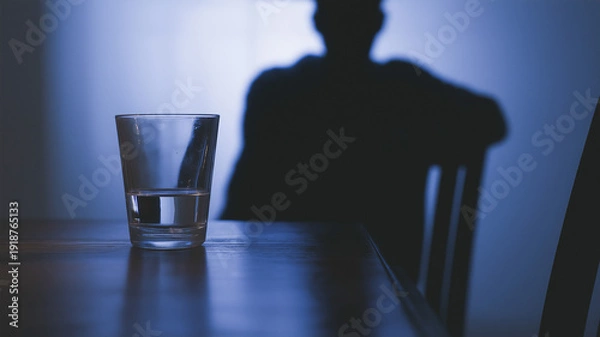 Obraz 机のそばに座る人物シルエットと空のコップ