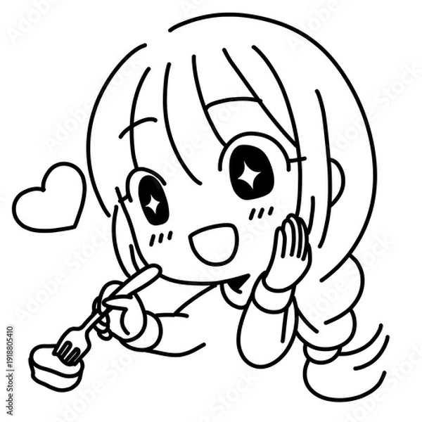 Fototapeta ケーキを食べて喜ぶ女性の線画イラスト