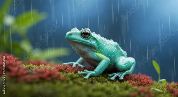 Obraz Teal frog in rain on moss