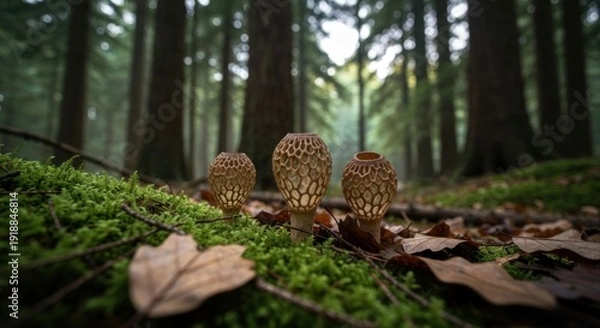 Obraz Three morels on moss in a dark forest