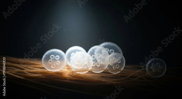Obraz Translucent eggs on fibers, dark background