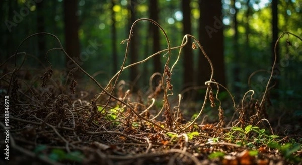 Obraz Twisting dry vines on forest floor, backlit