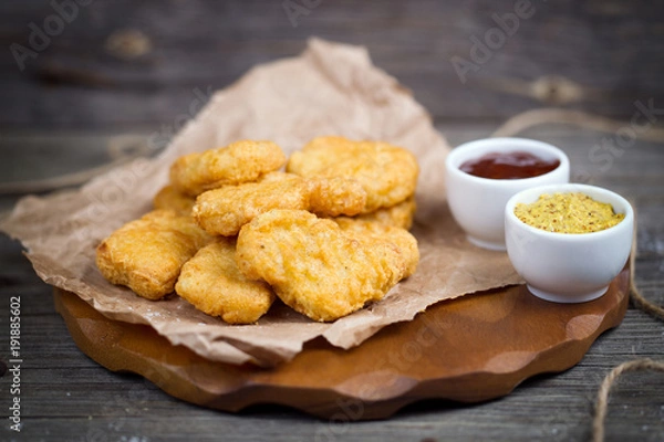 Obraz Wooden board with tasty chicken nuggets and sauces