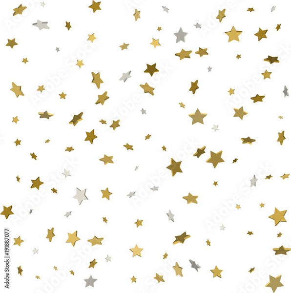 Fototapeta Gold star confetti rain festive holiday background. Vector golden paper foil stars falling down isolated on white background.