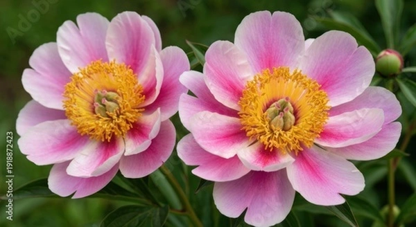 Obraz Two pink peonies, yellow centers